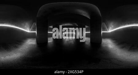 A 360-degree spherical panorama shows a dark concrete room with a smooth, gray floor. White neon lights are mounted on the ceiling, illuminating the s Stock Photo