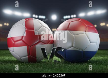 Two soccer balls in flags colors on a stadium blurred background. England vs Netherlands. 3D image. Stock Photo