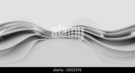 A 360 degree spherical panorama of a contemporary architectural design. The scene features a series of white, undulating, smooth, folded surfaces, cre Stock Photo