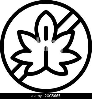 Simple icon is showing a crossed out cannabis leaf, representing the prohibition of this substance Stock Vector