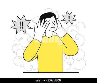 Man with anxiety concept. Young guy in stress. Nervous person. Character in panic and shock. Depression and frustration, loneliness. Linear flat Stock Vector