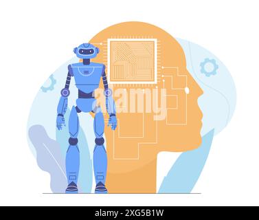 Artificial intelligence concept. Cyborg against background of head silhouette. AI bot. Modern technologies and digital world. Virtual helper and Stock Vector
