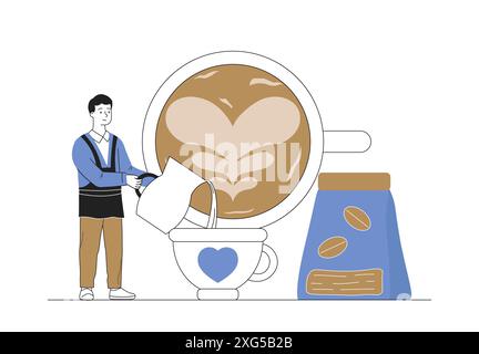 Barista with coffee. Man with Americano, cappuccino or latte. Beverage and aroma. Cafeteria worker. Young guy prepares coffee or tea with milk. Linear Stock Vector