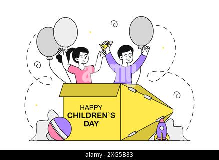 Happy childrens day. Boy and girl jump out of cardboard box with balloons. International holiday and festival. Protection of kids rights. Linear flat Stock Vector