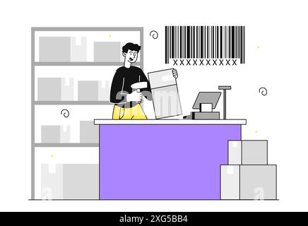 Man with barcode reader. Young guy scans qr code. Inventory and marketing, shopping. Seller sells goods at checkout in store. Linear flat vector Stock Vector
