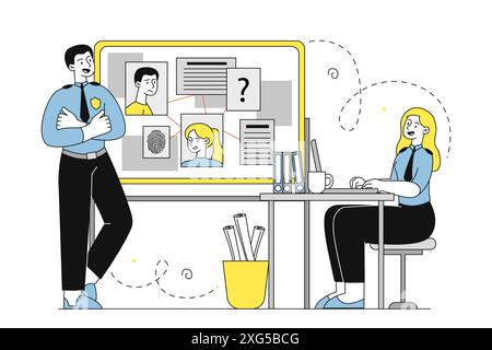 Detective police officer with evidence. Man and woman in uniform near board with info. Police crime investigation. Officers at workplace. Linear flat Stock Vector