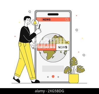 Man with breaking news. Young guy with smartphone watching information and knowledge on internet. Television broadcast. Mass media and journalism Stock Vector