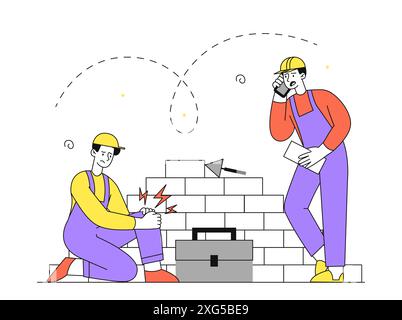 Construction site injury. Men in uniforms and safety helmets building brick wall. Workers and builders did not follow safety precautions. Guy with Stock Vector