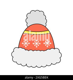 Cute winter hat concept. Woolen warm red cap. Fashion, trend and style. Clothes for cold weather. Sticker for social networks. Linear flat vector Stock Vector