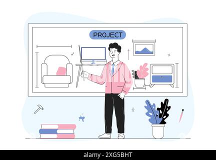 Man with interior design. Young guy with drawings. Selection of furniture and decorative elements for apartment and room. Creative person. Linear Stock Vector