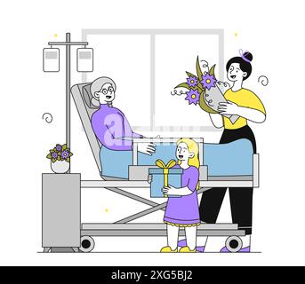 Hospital family visit. Woman with bouquet of flowers and daughter came to visit grandmother. Visit to patient in hospital. Treatment, medicine and Stock Vector