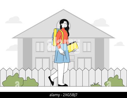 Woman with backpack. Young girl walks with book in her hand and bag. Schoolgirl walk to school, student walk to university or college. Linear flat Stock Vector