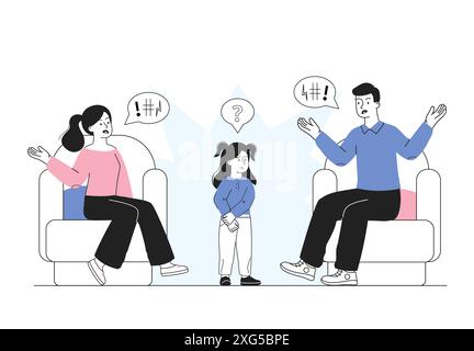 Parents quarrel concept. Man and woman yell at each other. Kid look at angry parents. Negative feelings and emotions. Problems in relationships Stock Vector