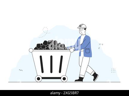 Man miner concept. Man in protective helmet pushing cart with coal. Mining in dungeon and mine. Worker in uniform with minerals. Linear vector Stock Vector