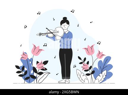 Woman playing violin. Young girl plays musical instrument. Cellist and violinist performs. Talented musician rehearsing. Linear vector illustration Stock Vector