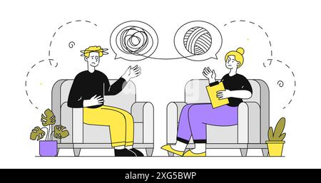 Psychologist with client. Man and woman discuss psychological problems. Patient and doctor. Diagnosis and treatment. Mental health care. Linear flat Stock Vector