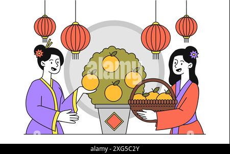 People with tangerines. Man and woman in Asian costumes with baskets picking citrus fruits. Natural and organic products with vitamins. Linear flat Stock Vector