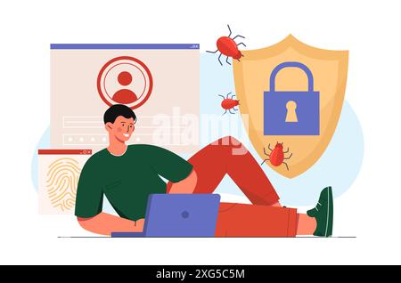 Protection from computer virus. Man with antivirus at laptop. Safety of personal inormation. Security and prevention of hackers attacks. Flat vector Stock Vector