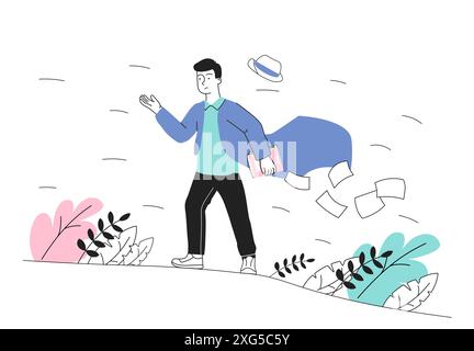 Man in windy weather. Young guy loses documents and his hat. Autumn and fall season. Person suffer from strong wind flow. Character walk at city Stock Vector
