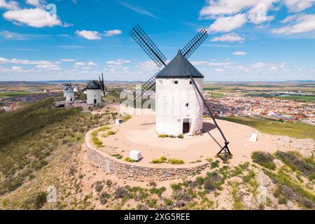 Aerial view of Don Quixote windmills in Consuegra, Toledo, Spain. High quality photography Stock Photo