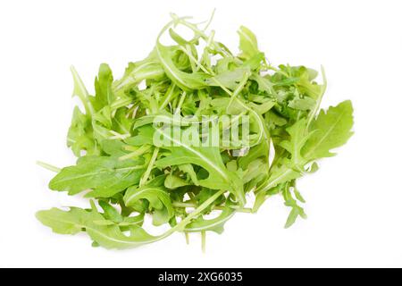 Arugula salad isolated on a white background, pile of leaves, dandelion Stock Photo