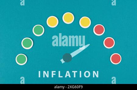 Inflation, financial crash, pointer of the speedometer indicates to the red part, economy development and increasing prices, high living costs Stock Photo