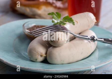 Bavarian white sausages with pretzel Stock Photo
