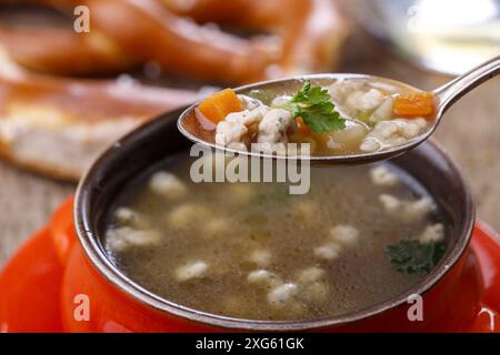Bavarian fried spaetzle soup Stock Photo