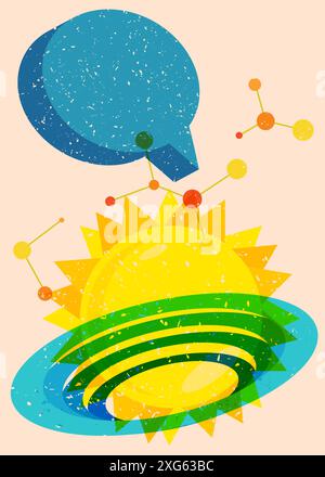 Risograph Summer Sun with speech bubble with geometric shapes. Objects in trendy riso graph print texture style design with geometry elements. Stock Vector