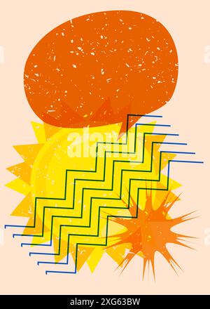 Risograph Summer Sun with speech bubble with geometric shapes. Objects in trendy riso graph print texture style design with geometry elements. Stock Vector