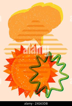 Risograph Summer Sun with speech bubble with geometric shapes. Objects in trendy riso graph print texture style design with geometry elements. Stock Vector