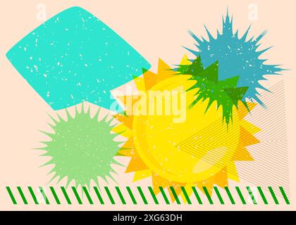 Risograph Summer Sun with speech bubble with geometric shapes. Objects in trendy riso graph print texture style design with geometry elements. Stock Vector