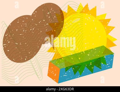 Risograph Summer Sun with speech bubble with geometric shapes. Objects in trendy riso graph print texture style design with geometry elements. Stock Vector