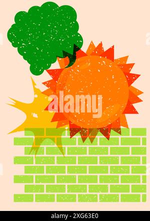 Risograph Summer Sun with speech bubble with geometric shapes. Objects in trendy riso graph print texture style design with geometry elements. Stock Vector