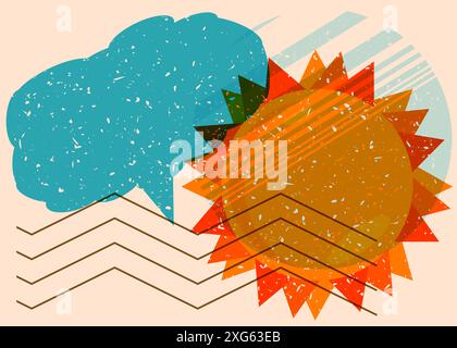 Risograph Summer Sun with speech bubble with geometric shapes. Objects in trendy riso graph print texture style design with geometry elements. Stock Vector