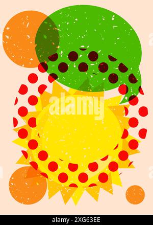 Risograph Summer Sun with speech bubble with geometric shapes. Objects in trendy riso graph print texture style design with geometry elements. Stock Vector