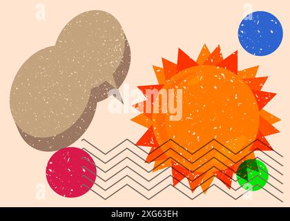 Risograph Summer Sun with speech bubble with geometric shapes. Objects in trendy riso graph print texture style design with geometry elements. Stock Vector