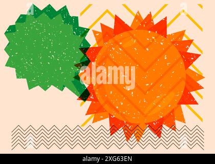 Risograph Summer Sun with speech bubble with geometric shapes. Objects in trendy riso graph print texture style design with geometry elements. Stock Vector