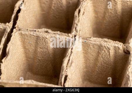 paper cups with added fertilizers and peat for seedlings, empty square cups with peat for growing plants Stock Photo