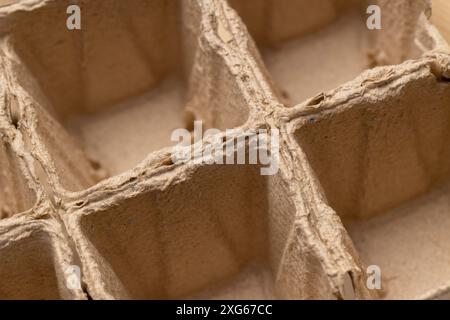 paper cups with added fertilizers and peat for seedlings, empty square cups with peat for growing plants Stock Photo