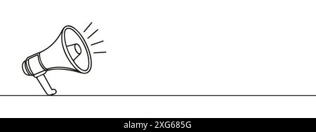 One line hand with megaphone. Person hold loudspeaker in continuous lines style. Symbol of sale, hiring or event announcement vector concept Stock Vector