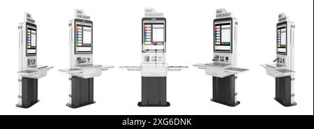 3d rendering collection of self-checkout kiosks or self-service payment machines isolated on white Stock Photo