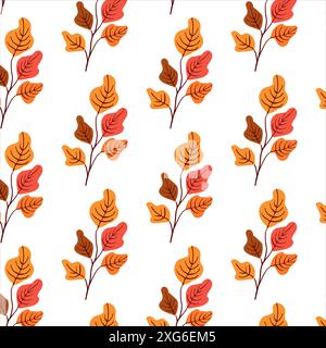 Seamless pattern. Simple Plant. Simple yellow orange leaves on a white background. Ornament in Scandinavian style. Hand drown. Flat vector illustration Stock Vector