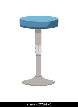 Round padded chair with steel turnable leg. Bar stool with blue pillow and chromium stand. Sitting furniture with soft pad for bar counter vector illu Stock Vector