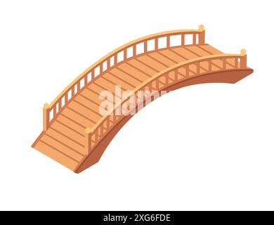 Arched wooden bridge with railings. Smooth, curved design bridge constructed from light brown wood planks. Isometric style vector illustration isolate Stock Vector