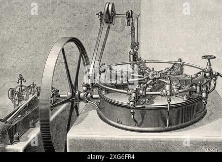 Dumontant seven piston pump body. Old 19th century engraved illustration from La Nature 1886 Stock Photo