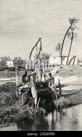 Old Shaduf for irrigation on the Nile River, Egypt. Old 19th century engraved illustration from La Nature 1886 Stock Photo