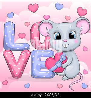 Word Love and cute cartoon mouse with heart. Vector illustration on pink background with hearts. Stock Vector