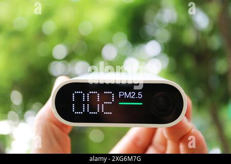 Hand holding an air pollution sensor measuring air quality in the garden Stock Photo