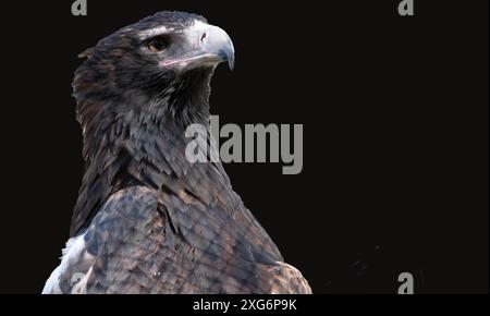 The Wedge-tailed Eagle is a dark brown-black color. The beak of the Wedge-tailed Eagle is pale cream. Stock Photo